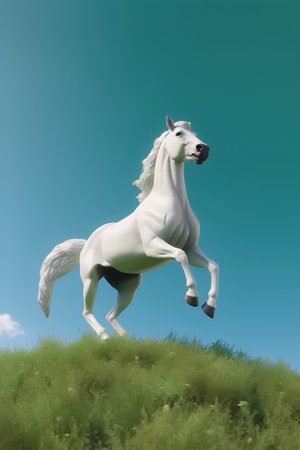 Caballo blanco trotando en pradera verde