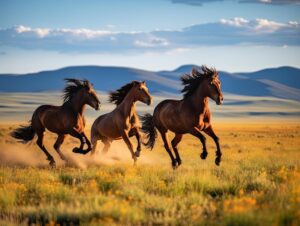 caballos salvajes galopando traves llanura arena pateando polvo aire 731930 178269